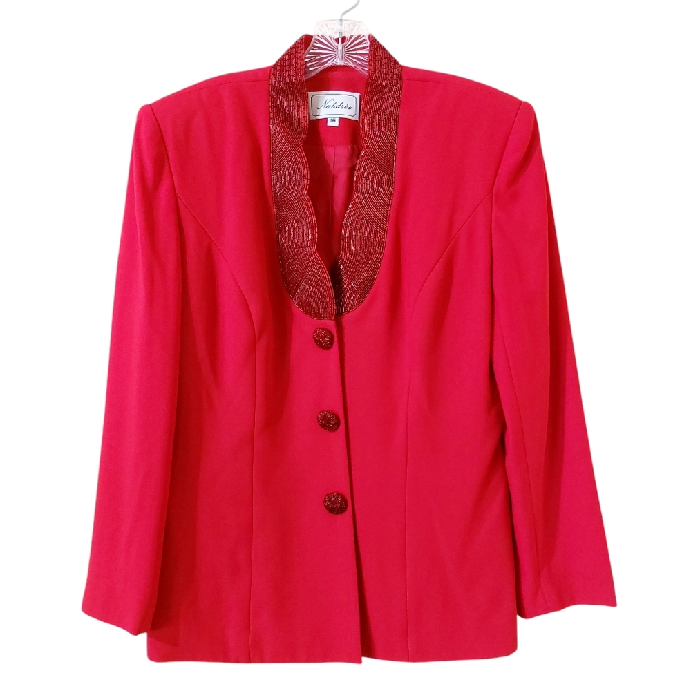 Vintage Nahdrée 90s Red Elegant Beaded Evening Button Down Blazer Jacket Coat